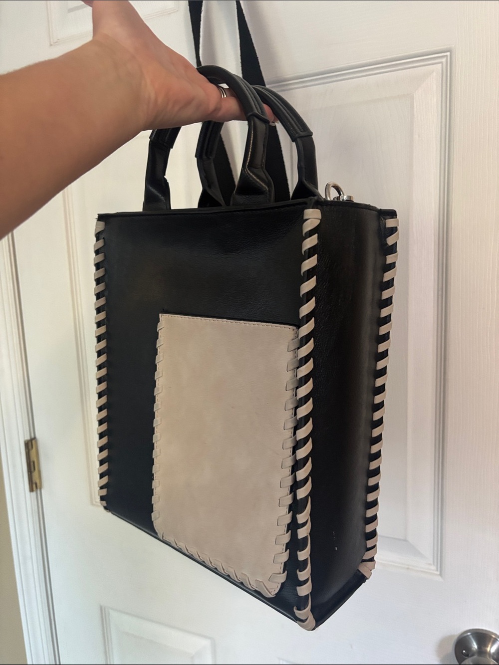 BCBGMaxAzria Black and Beige Whipstitch Crossbody Tote